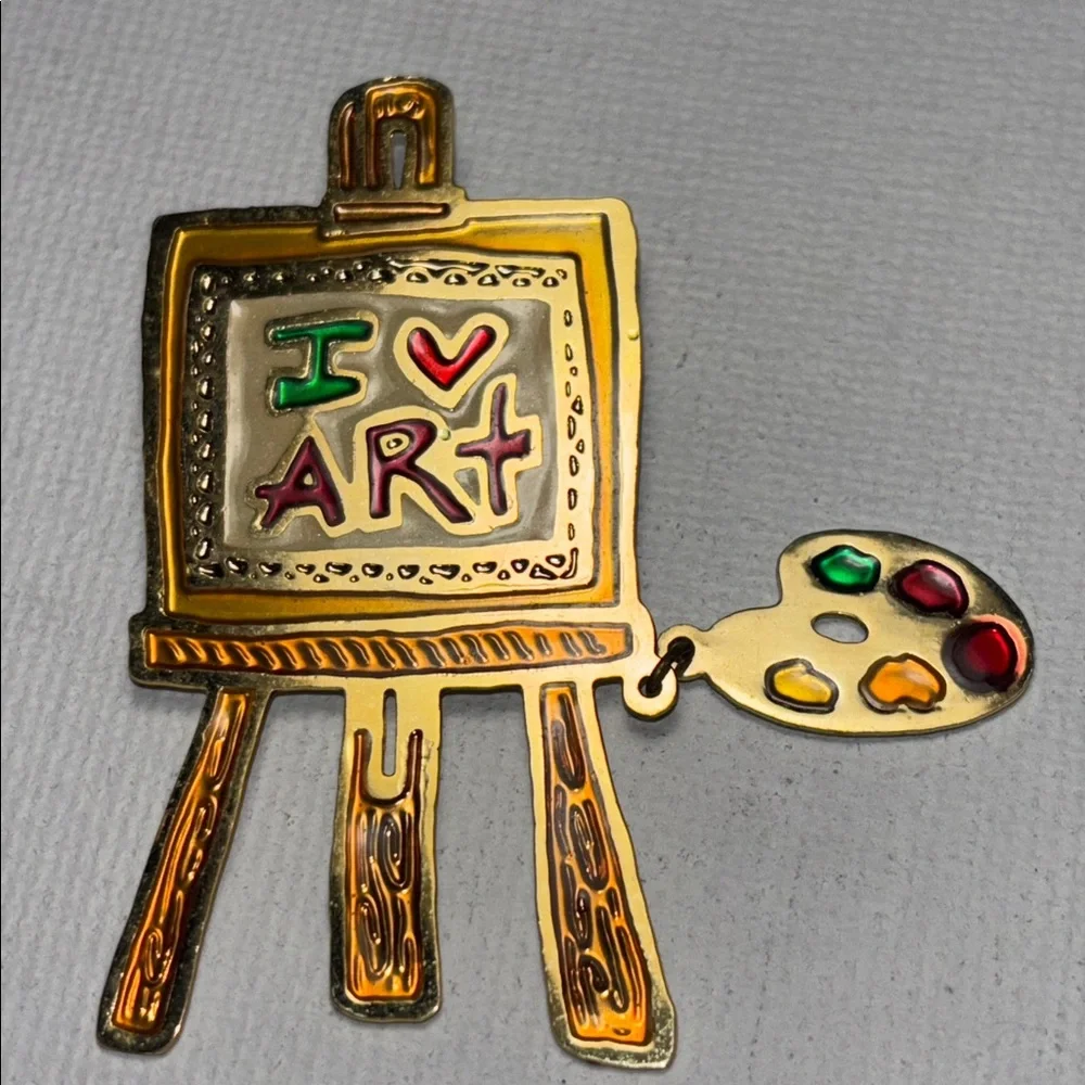 Vintage Two Hands Art Easel Brooch Pin I Love Art Paint Palette Artist Teacher - Picture 2 of 5